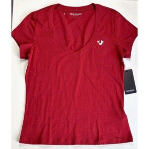 NWT True Religion Women's Script Foil V-Neck Graphic T-Shirt Sz L Red Orig $59